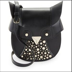 LUANA Italy Minerva Black Leather Studded Tassel Witch Wise Owl Crossbody Bag